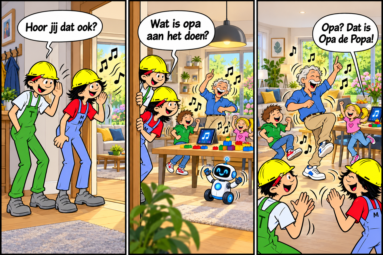 Timmie en Metsie horen muziek. Ze ontdekken opa met de kinderen, een tablet en een speelgoedrobot. Opa danst: dat is Opa de Popa!